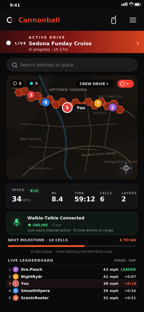 Cannonball app live drive view showing crew on the map, walkie-talkie connected and drive stats