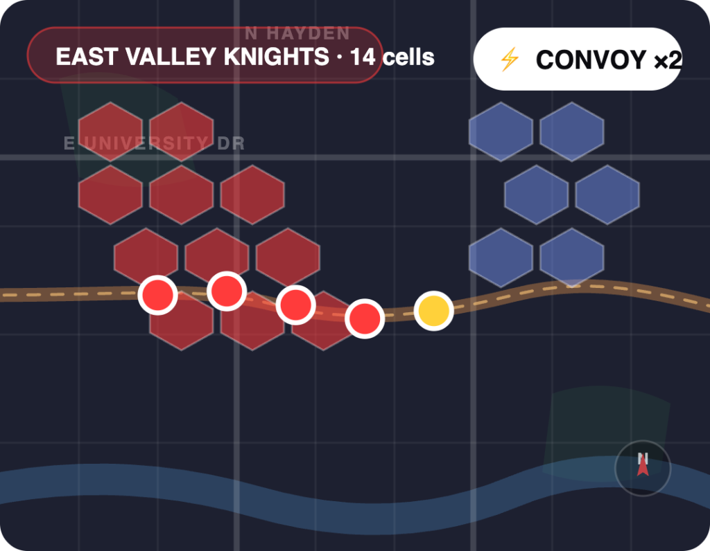 Cannonball hex territory grid with claimed cells and convoy bonus